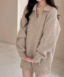【セットアップ/もこもこ立体編み】長袖 スキッパー リブニット プルオーバー + ショートパンツ 上下2点セット レディース