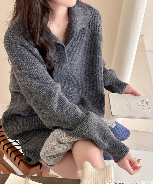 DAY CLOSET(デイ クローゼット)の「【セットアップ/もこもこ立体編み】長袖 スキッパー リブニット プルオーバー + ショートパンツ 上下2点セット レディース(ニット/セーター・レディース・モカ/チャコールグレー/ライトグレー/アイボリー/サックスブルー・FREE)」の13枚目の写真