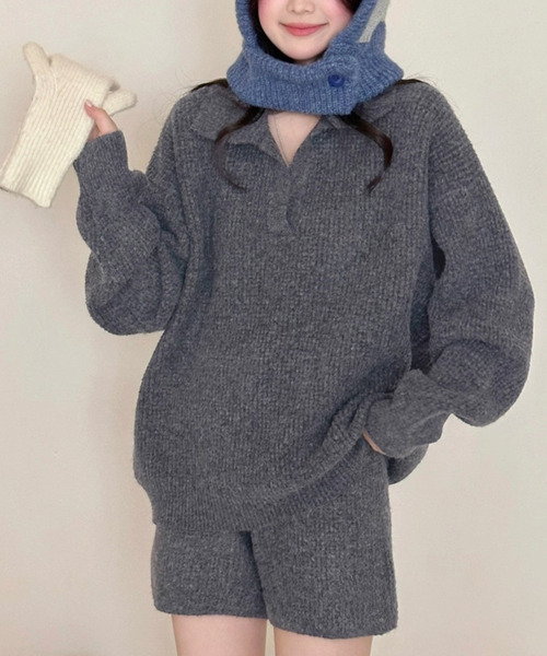 DAY CLOSET(デイ クローゼット)の「【セットアップ/もこもこ立体編み】長袖 スキッパー リブニット プルオーバー + ショートパンツ 上下2点セット レディース(ニット/セーター・レディース・モカ/チャコールグレー/ライトグレー/アイボリー/サックスブルー・FREE)」の14枚目の写真