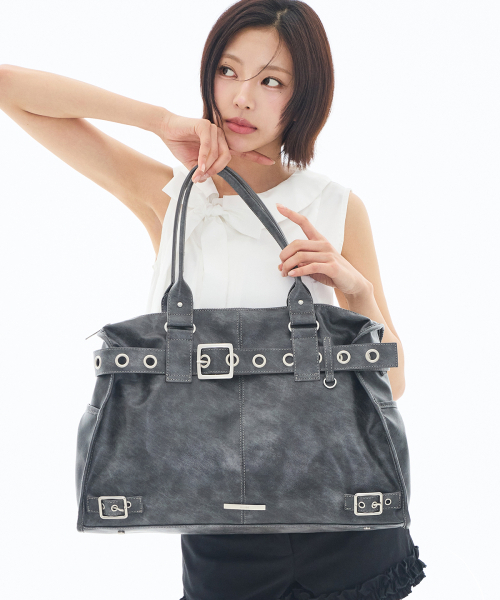 ベルト付きスクエアトートバッグチャコール
