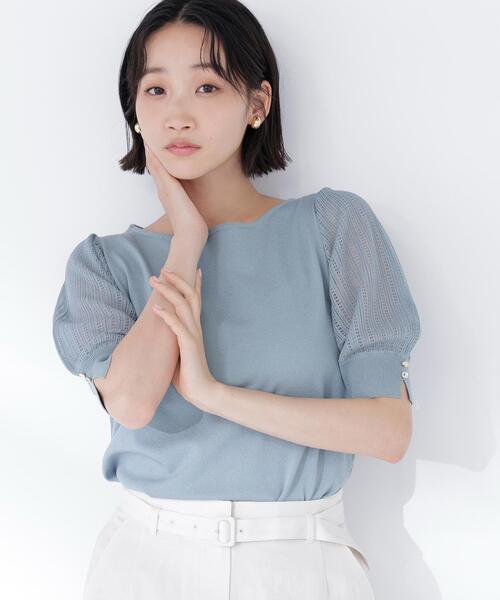 NATURAL BEAUTY BASIC(ナチュラルビューティーベーシック)の「◇透かし編みスリーブニット(ニット/セーター・レディース・ライトグリーン/オフホワイト/ネイビー/ラベンダー・FREE)」の3枚目の写真