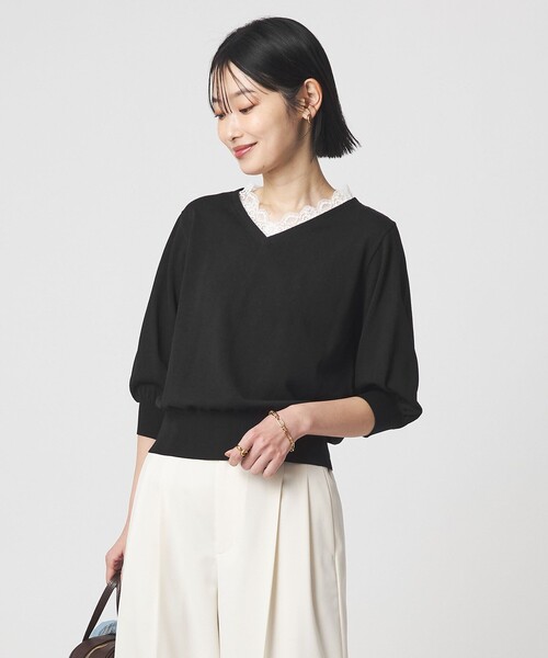 green label relaxing（グリーンレーベルリラクシング）の「レース Vネック プルオーバー ニット（ニット/セーター・レディース・ブラック/ライトグレー・FREE）」の3枚目の写真
