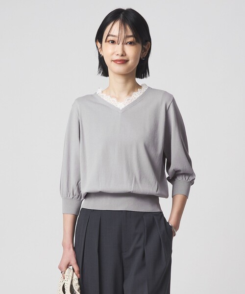 green label relaxing（グリーンレーベルリラクシング）の「レース Vネック プルオーバー ニット（ニット/セーター・レディース・ブラック/ライトグレー・FREE）」の6枚目の写真