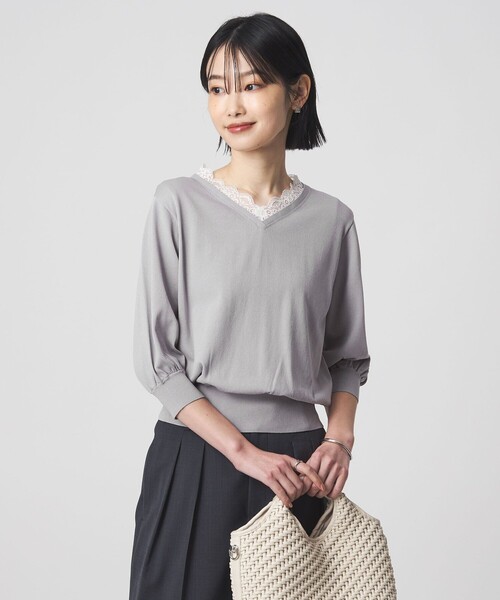 green label relaxing（グリーンレーベルリラクシング）の「レース Vネック プルオーバー ニット（ニット/セーター・レディース・ブラック/ライトグレー・FREE）」の7枚目の写真