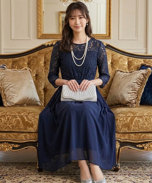 Cinderella(シンデレラ)の「パーティードレス ワンピース ドレス ロングドレス レディース 結婚式 披露宴 お呼ばれ オケージョンドレス フォーマル ロングワンピース マキシ丈 発表会 同窓会 二次会 レース 花柄 シフォン きれいめ 上品 おしゃれ かわいい 謝恩会 食事会 長袖 春 夏 秋 冬 20代 30代 40代 50代 大きいサイズ ゆったり(ドレス・レディース・ブルー/ネイビー/ブラック/ダークグレー/ダークブラウン・X-LARGE/FREE/XX-LARGE/LARGE/SMALL)」の22枚目の写真