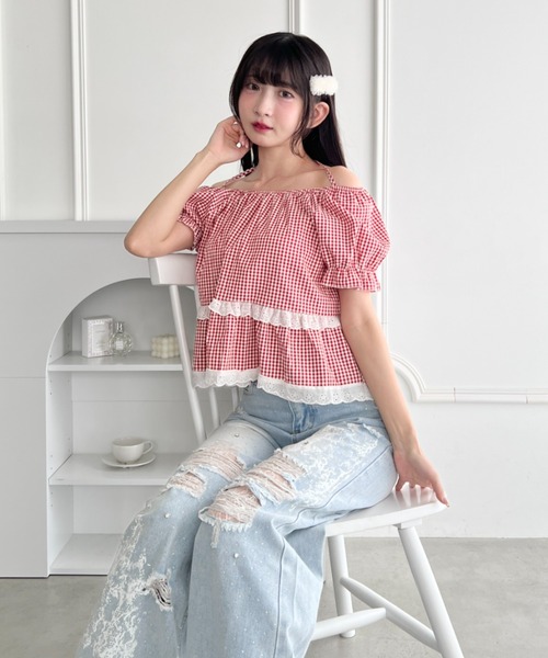 Loueme(ルエム)の「ギンガムチェックレースブラウス(シャツ/ブラウス・レディース・ライトブルー/ブラック/レッド・FREE)」の21枚目の写真