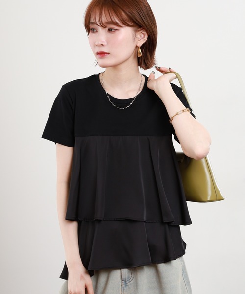 EGLANTINE(エグランティーヌ)の「EGLANTINE サテン切替フレアカットソー 半袖(Tシャツ/カットソー・レディース・カーキ/ブラック/オフホワイト/ネイビー・38)」の12枚目の写真