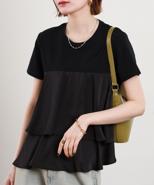 EGLANTINE(エグランティーヌ)の「EGLANTINE サテン切替フレアカットソー 半袖(Tシャツ/カットソー・レディース・カーキ/ブラック/オフホワイト/ネイビー・38)」の13枚目の写真