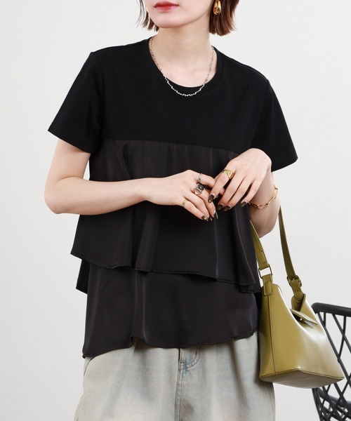 EGLANTINE(エグランティーヌ)の「EGLANTINE サテン切替フレアカットソー 半袖(Tシャツ/カットソー・レディース・カーキ/ブラック/オフホワイト/ネイビー・38)」の15枚目の写真