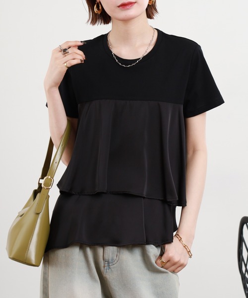 EGLANTINE(エグランティーヌ)の「EGLANTINE サテン切替フレアカットソー 半袖(Tシャツ/カットソー・レディース・カーキ/ブラック/オフホワイト/ネイビー・38)」の16枚目の写真