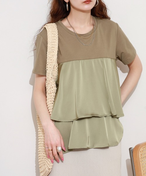 EGLANTINE(エグランティーヌ)の「EGLANTINE サテン切替フレアカットソー 半袖(Tシャツ/カットソー・レディース・カーキ/ブラック/オフホワイト/ネイビー・38)」の20枚目の写真