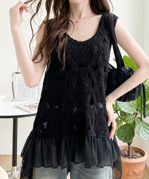 Ada.(エイダ)の「クロシェ編み シフォン ペプラム ドッキング カットソー(Tシャツ/カットソー・レディース・ホワイト/ベージュ/ブラック・FREE)」の1枚目の写真