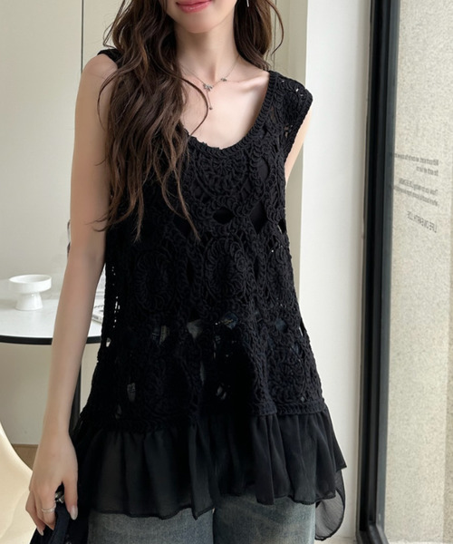 Ada.(エイダ)の「クロシェ編み シフォン ペプラム ドッキング カットソー(Tシャツ/カットソー・レディース・ホワイト/ベージュ/ブラック・FREE)」の4枚目の写真