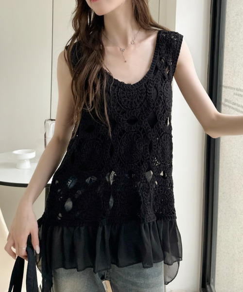 Ada.(エイダ)の「クロシェ編み シフォン ペプラム ドッキング カットソー(Tシャツ/カットソー・レディース・ホワイト/ベージュ/ブラック・FREE)」の7枚目の写真