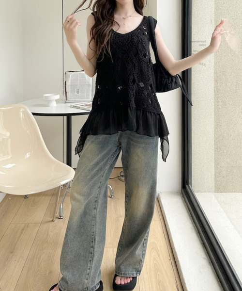 Ada.(エイダ)の「クロシェ編み シフォン ペプラム ドッキング カットソー(Tシャツ/カットソー・レディース・ホワイト/ベージュ/ブラック・FREE)」の9枚目の写真