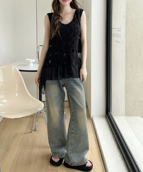 Ada.(エイダ)の「クロシェ編み シフォン ペプラム ドッキング カットソー(Tシャツ/カットソー・レディース・ホワイト/ベージュ/ブラック・FREE)」の5枚目の写真
