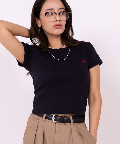 POLOCHAMPS（ポロチャンプス）の「【POLOCHAMPS】ポロチャンプス/カラー刺繍Tシャツ（Tシャツ/カットソー・レディース・ホワイト/ライトグレー/ワインレッド/ピンク/ダークグレー/ベージュ/ネイビー/パープル/アイボリー/ブラック/サックスブルー・FREE）」の7枚目の写真