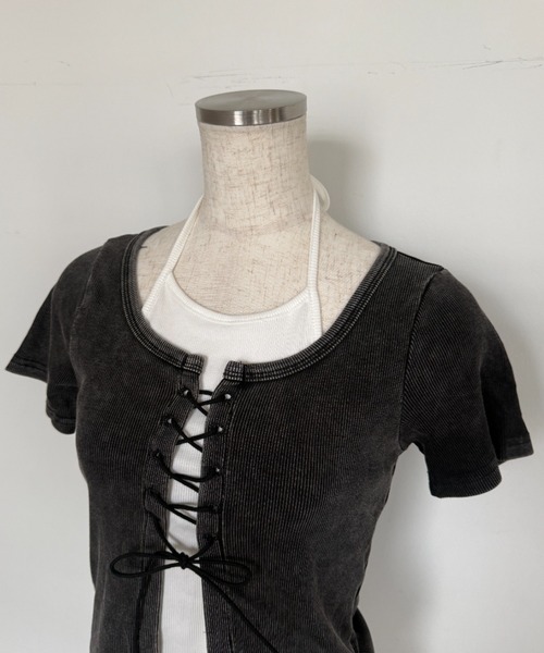 lilful(リルフル)の「【26年春夏新作】レースアップデザイン レイヤード半袖トップス(Tシャツ/カットソー・レディース・グレー/ホワイト/ブラック・F)」の20枚目の写真