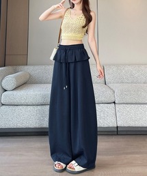 レイヤードデザイン フリルトリム ハイウエスト ワイドパンツ