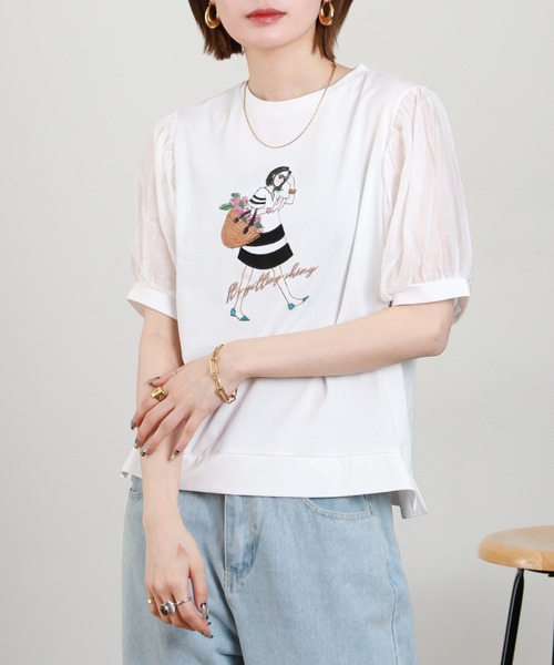 Anna Nicola(アンナニコラ)の「Anna Nicola ショッピンングウーマンシアースリーブTシャツ 半袖(Tシャツ/カットソー・レディース・オフホワイト/ベージュ/ネイビー・38)」の2枚目の写真