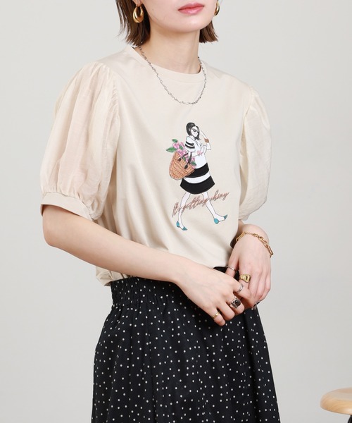 Anna Nicola(アンナニコラ)の「Anna Nicola ショッピンングウーマンシアースリーブTシャツ 半袖(Tシャツ/カットソー・レディース・オフホワイト/ベージュ/ネイビー・38)」の5枚目の写真