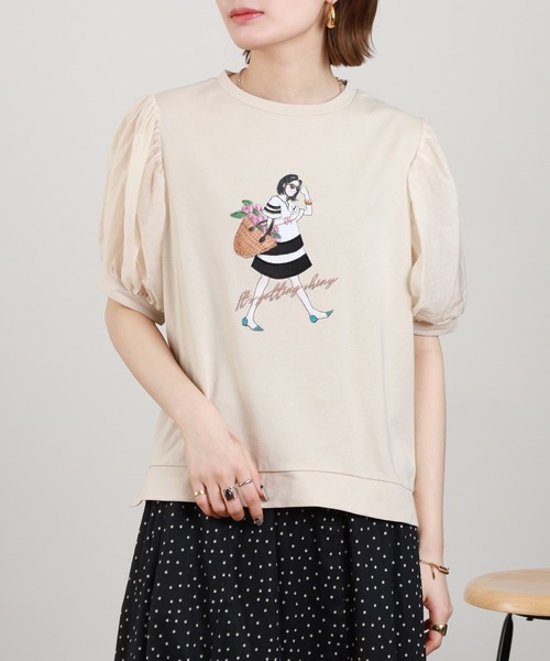 Anna Nicola(アンナニコラ)の「Anna Nicola ショッピンングウーマンシアースリーブTシャツ 半袖(Tシャツ/カットソー・レディース・オフホワイト/ベージュ/ネイビー・38)」の15枚目の写真