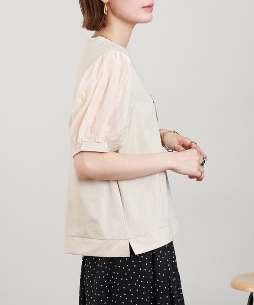 Anna Nicola(アンナニコラ)の「Anna Nicola ショッピンングウーマンシアースリーブTシャツ 半袖(Tシャツ/カットソー・レディース・オフホワイト/ベージュ/ネイビー・38)」の16枚目の写真