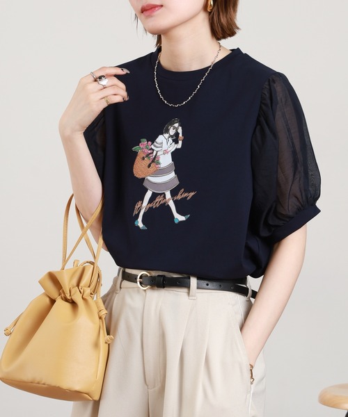 Anna Nicola(アンナニコラ)の「Anna Nicola ショッピンングウーマンシアースリーブTシャツ 半袖(Tシャツ/カットソー・レディース・オフホワイト/ベージュ/ネイビー・38)」の8枚目の写真