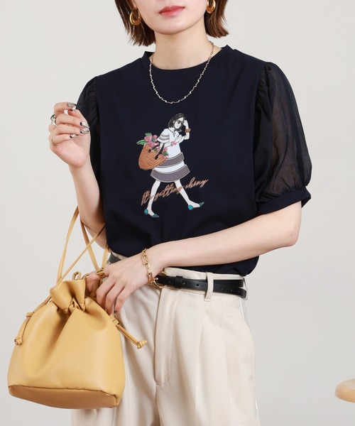 Anna Nicola(アンナニコラ)の「Anna Nicola ショッピンングウーマンシアースリーブTシャツ 半袖(Tシャツ/カットソー・レディース・オフホワイト/ベージュ/ネイビー・38)」の9枚目の写真