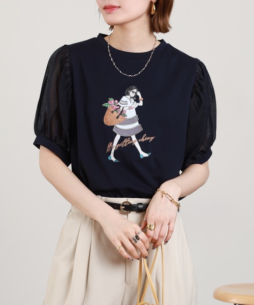 Anna Nicola(アンナニコラ)の「Anna Nicola ショッピンングウーマンシアースリーブTシャツ 半袖(Tシャツ/カットソー・レディース・オフホワイト/ベージュ/ネイビー・38)」の10枚目の写真