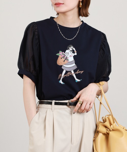 Anna Nicola(アンナニコラ)の「Anna Nicola ショッピンングウーマンシアースリーブTシャツ 半袖(Tシャツ/カットソー・レディース・オフホワイト/ベージュ/ネイビー・38)」の11枚目の写真