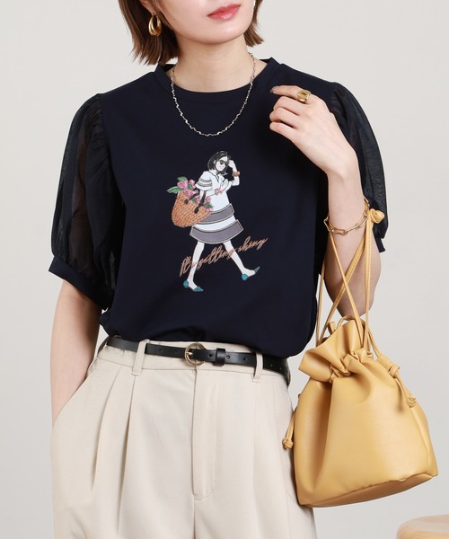 Anna Nicola(アンナニコラ)の「Anna Nicola ショッピンングウーマンシアースリーブTシャツ 半袖(Tシャツ/カットソー・レディース・オフホワイト/ベージュ/ネイビー・38)」の12枚目の写真