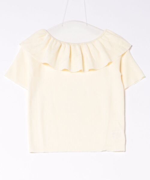 styiro（スタイロ）の「袖フリル半袖ニット オフショルダー（Tシャツ/カットソー・レディース・アイボリー/ホワイト×ブラック/ライトブルー/ブラック/グレー・FREE）」の2枚目の写真