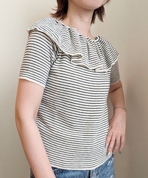 styiro（スタイロ）の「袖フリル半袖ニット オフショルダー（Tシャツ/カットソー・レディース・アイボリー/ホワイト×ブラック/ライトブルー/ブラック/グレー・FREE）」の15枚目の写真
