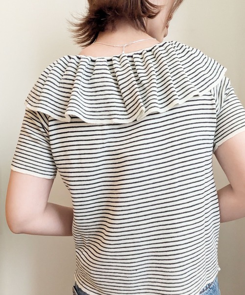 styiro（スタイロ）の「袖フリル半袖ニット オフショルダー（Tシャツ/カットソー・レディース・アイボリー/ホワイト×ブラック/ライトブルー/ブラック/グレー・FREE）」の16枚目の写真