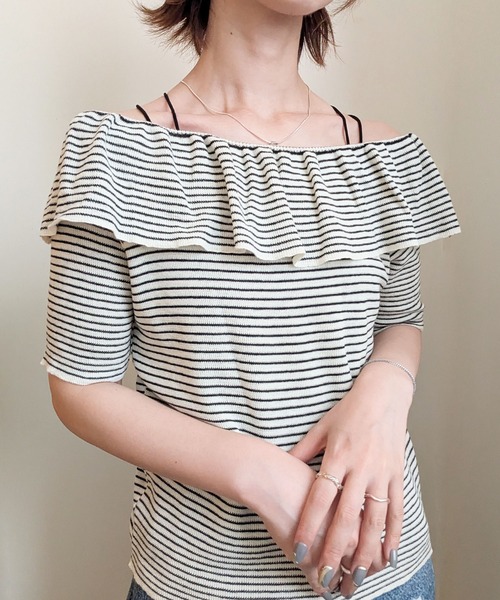 styiro（スタイロ）の「袖フリル半袖ニット オフショルダー（Tシャツ/カットソー・レディース・アイボリー/ホワイト×ブラック/ライトブルー/ブラック/グレー・FREE）」の20枚目の写真