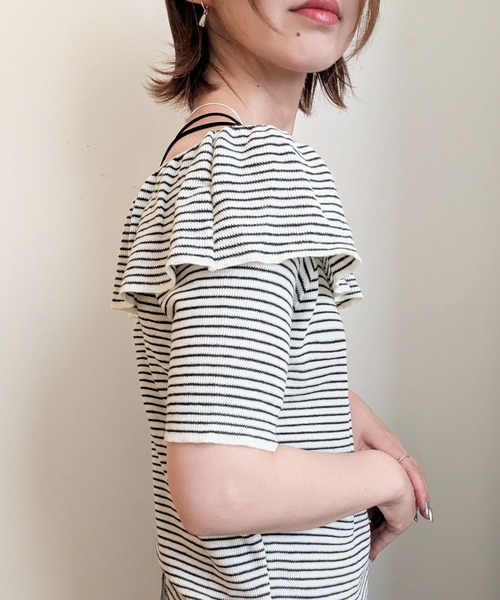 styiro（スタイロ）の「袖フリル半袖ニット オフショルダー（Tシャツ/カットソー・レディース・アイボリー/ホワイト×ブラック/ライトブルー/ブラック/グレー・FREE）」の21枚目の写真