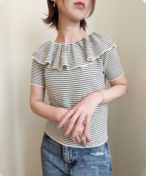 styiro（スタイロ）の「袖フリル半袖ニット オフショルダー（Tシャツ/カットソー・レディース・アイボリー/ホワイト×ブラック/ライトブルー/ブラック/グレー・FREE）」の18枚目の写真