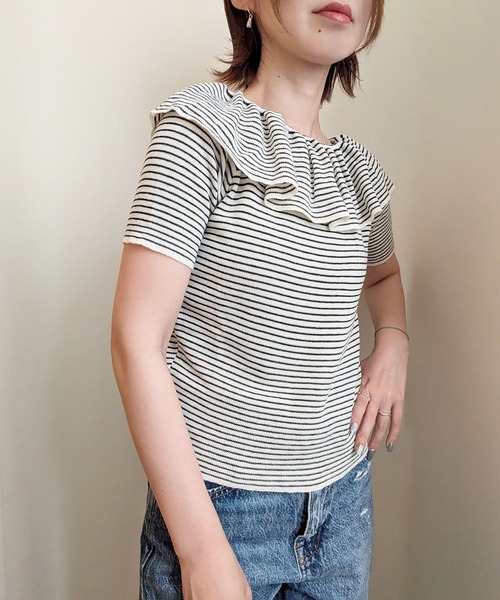 styiro（スタイロ）の「袖フリル半袖ニット オフショルダー（Tシャツ/カットソー・レディース・アイボリー/ホワイト×ブラック/ライトブルー/ブラック/グレー・FREE）」の19枚目の写真