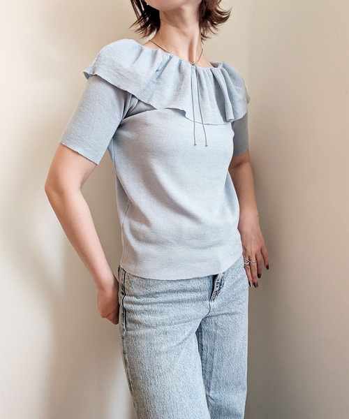 styiro（スタイロ）の「袖フリル半袖ニット オフショルダー（Tシャツ/カットソー・レディース・アイボリー/ホワイト×ブラック/ライトブルー/ブラック/グレー・FREE）」の12枚目の写真