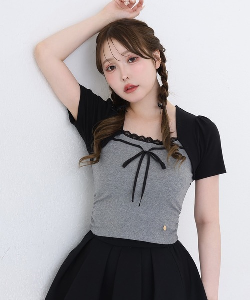 one after another NICE CLAUP(ワンアフターアナザーナイスクラップ)の「ボレロレイヤード風トップス(Tシャツ/カットソー・レディース・ホワイト系その他/ピンク/杢グレー/ブラック・FREE)」の3枚目の写真