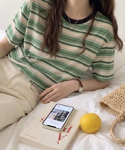 lulufa（ルルファ）の「配色クルーネックマルチボーダーカットソー（Tシャツ/カットソー・レディース・グリーン/アイボリー・FREE）」の5枚目の写真