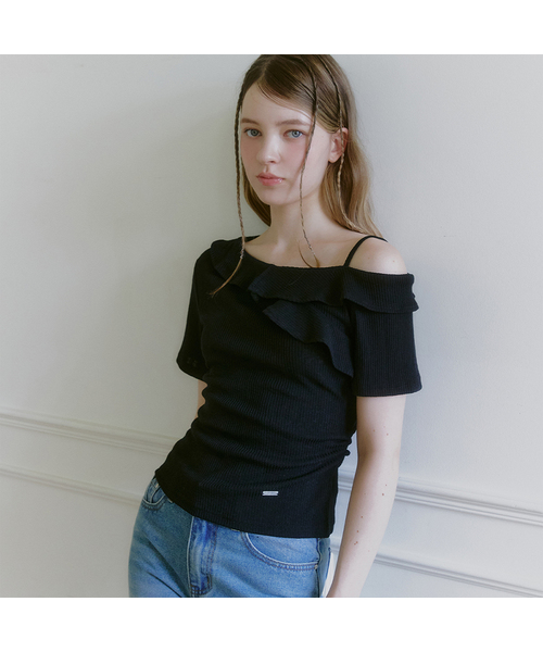 MICANE(ミケーネ)の「ナエビンフリルワンショルダーティ(Tシャツ/カットソー・レディース・スカイブルー/ブラック/アイボリー・1/2/4/3)」の1枚目の写真