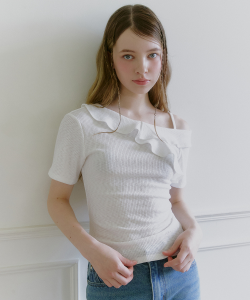 MICANE(ミケーネ)の「ナエビンフリルワンショルダーティ(Tシャツ/カットソー・レディース・スカイブルー/ブラック/アイボリー・1/2/4/3)」の7枚目の写真