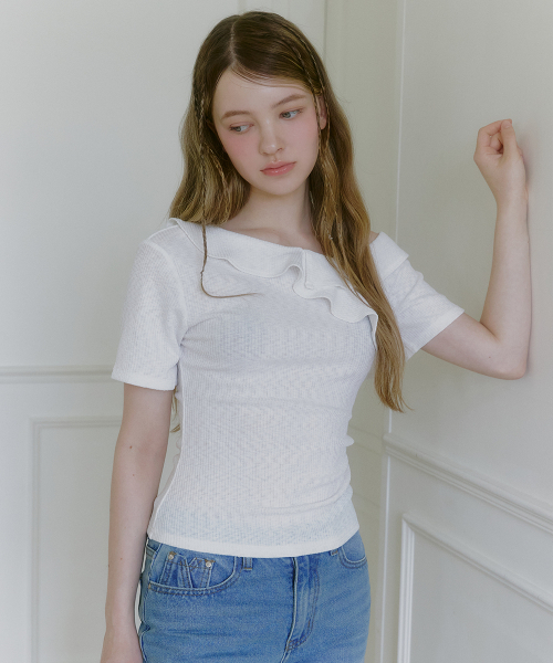 MICANE(ミケーネ)の「ナエビンフリルワンショルダーティ(Tシャツ/カットソー・レディース・スカイブルー/ブラック/アイボリー・1/2/4/3)」の8枚目の写真