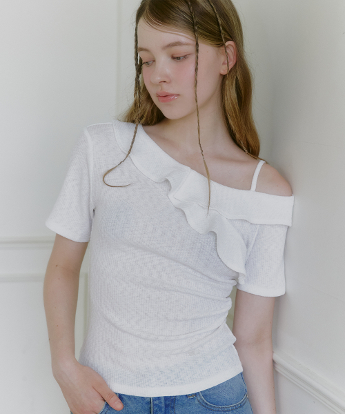 MICANE(ミケーネ)の「ナエビンフリルワンショルダーティ(Tシャツ/カットソー・レディース・スカイブルー/ブラック/アイボリー・1/2/4/3)」の9枚目の写真