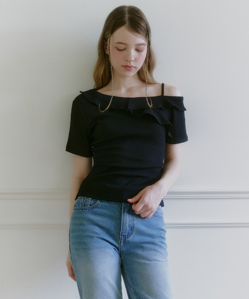 MICANE(ミケーネ)の「ナエビンフリルワンショルダーティ(Tシャツ/カットソー・レディース・スカイブルー/ブラック/アイボリー・1/2/4/3)」の13枚目の写真