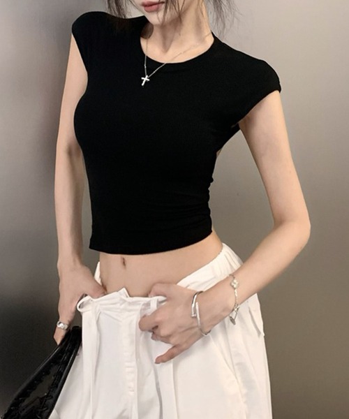 Songe（ソンジュ）の「バックオープンフレンチスリーブTシャツ（Tシャツ/カットソー・レディース・グレー/ブラック/ホワイト・FREE）」の11枚目の写真