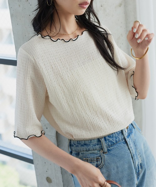 KOBE LETTUCE(コウベレタス)の「膨れジャガードメロウカットソー(Tシャツ/カットソー・レディース・ネイビー/ピンク/オフホワイト/ミント/ブラック・M)」の10枚目の写真