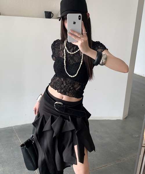 Kuroba(クロバ)の「総レースシアークロップドT(Tシャツ/カットソー・レディース・オフホワイト/ブラウン/ブラック・FREE)」の9枚目の写真